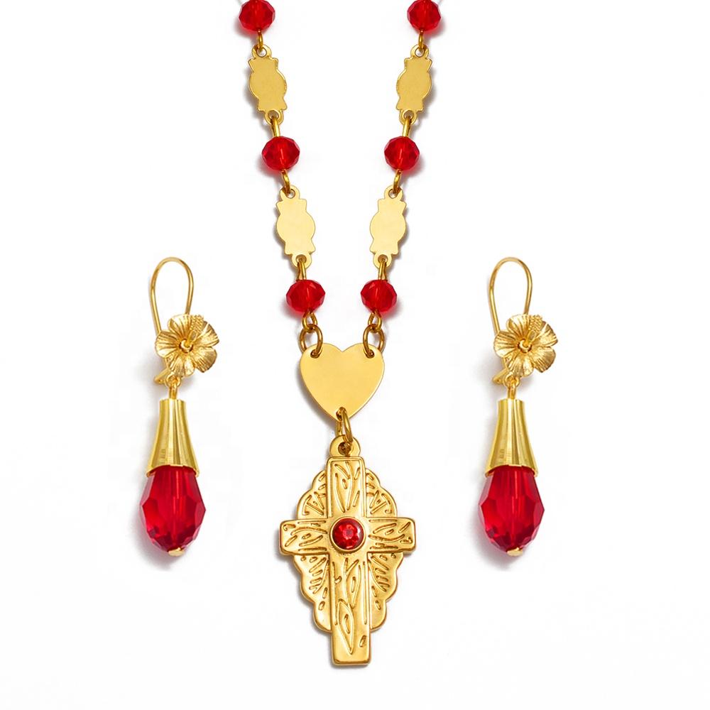 Hawaiian Cross Jewelry Sets Flower Pendant Necklaces Earrings Crystal Beads Ball Chains Guam Micronesia Chuuk #252106