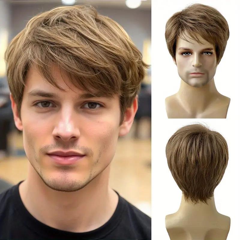 

Мужской короткий прямой парик блонд коричневый синтетический с челкой косплей повседневный парик парень натуральные накладные волосы термостойкое волокно золотисто-коричневый