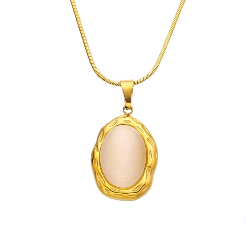 Titanium Steel Oval Shape White Cat Eye Opal Stone Pendant Necklace  Jewelry Gift