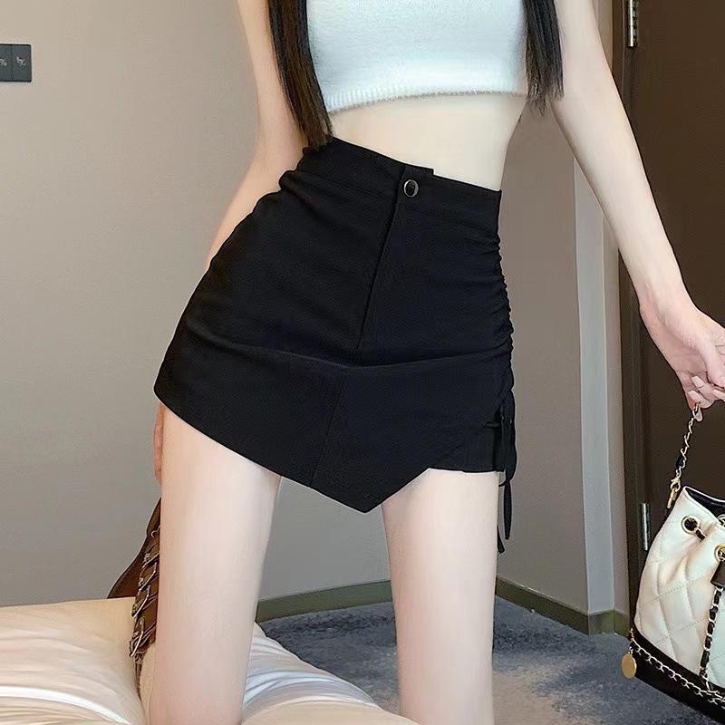 2024 Women's Summer High Waist Stretch Shorts with Irregular Drawstring Skirt - Slim Fit