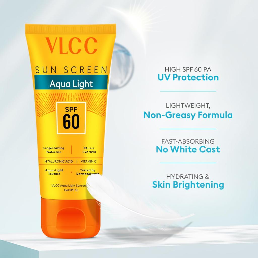VLCC Aqua Light Sunscreen Gel SPF 60 PA++++ Hydrating Non Greasy Daily Sun Protection Gel For Outdoor Use 100 g