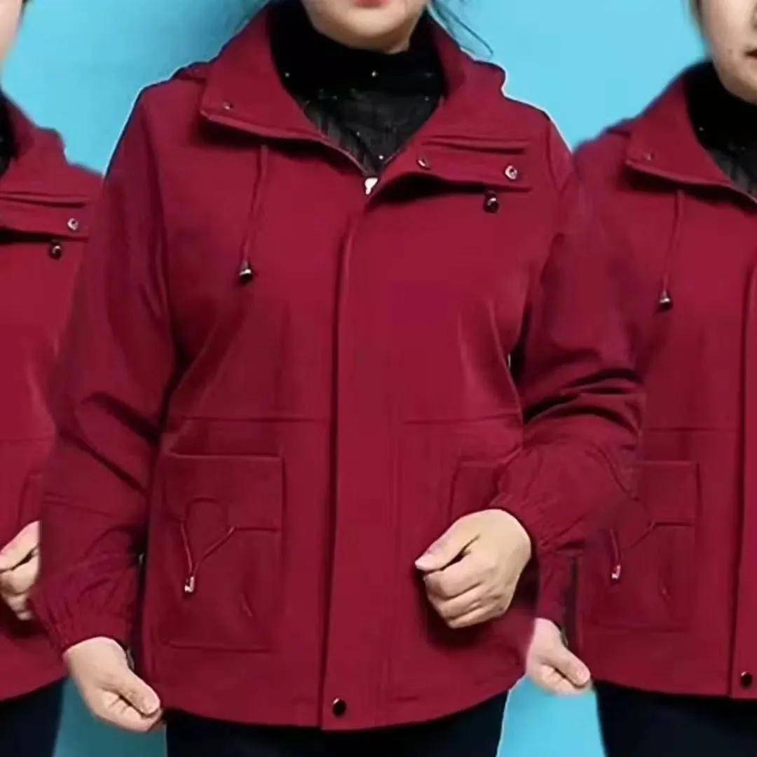 

Весняно-осіння вільна однотонна жіноча куртка великого розміру з коротким капюшоном 4XL вина червоного кольору