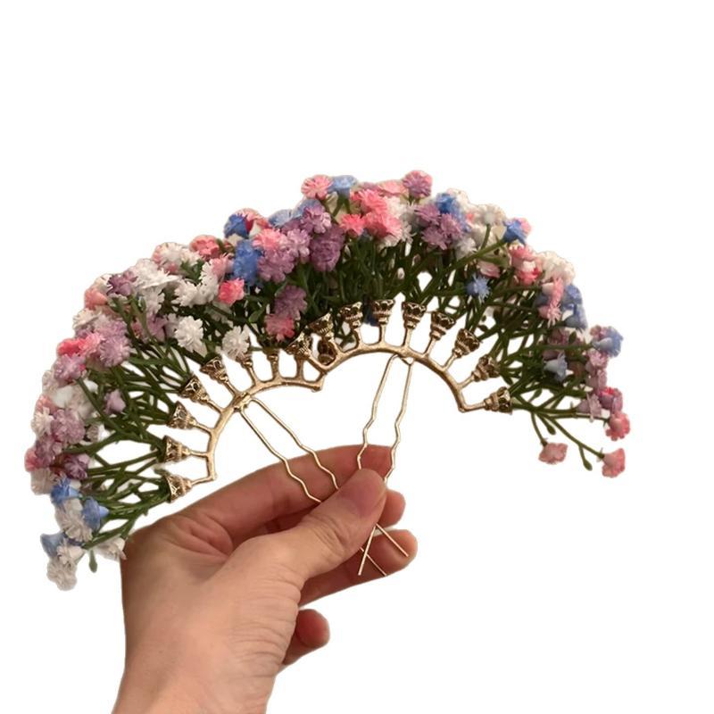 Handmade Floral Fan Hairpin Delicate Colorful Flower Design Anti-Slip Traditional Hair Accessory for Hanfu Travel Photo Shoots