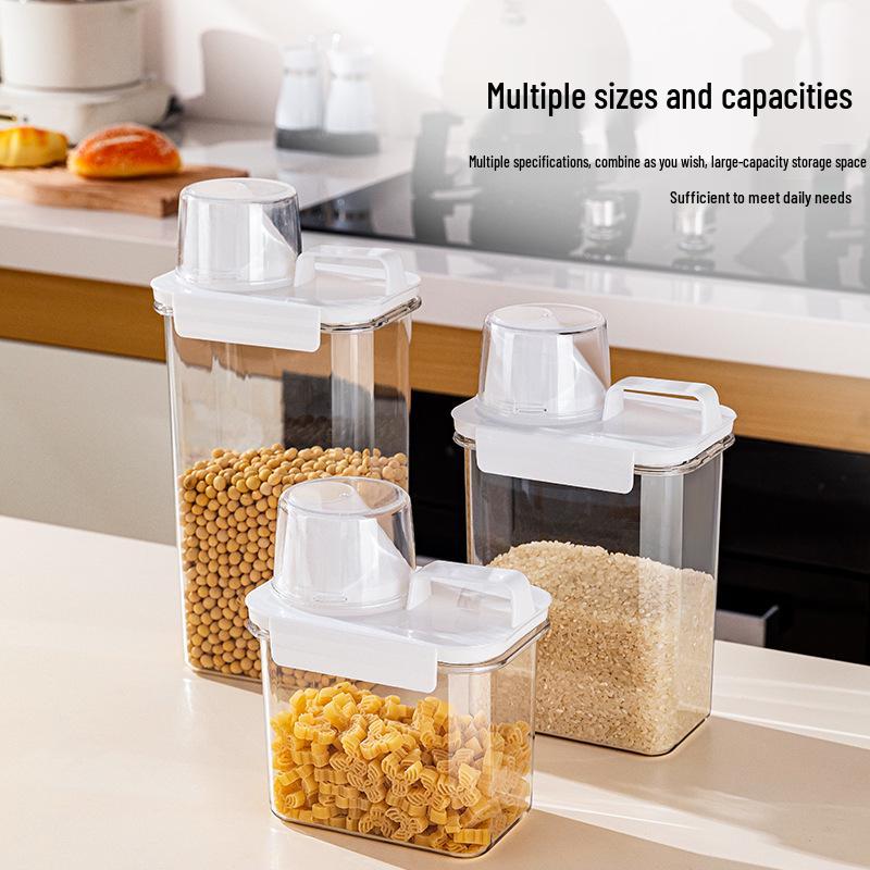 Airtight Kitchen Storage Container: Food-Grade Transparent Plastic Canister for Grains, Rice, and Beans.