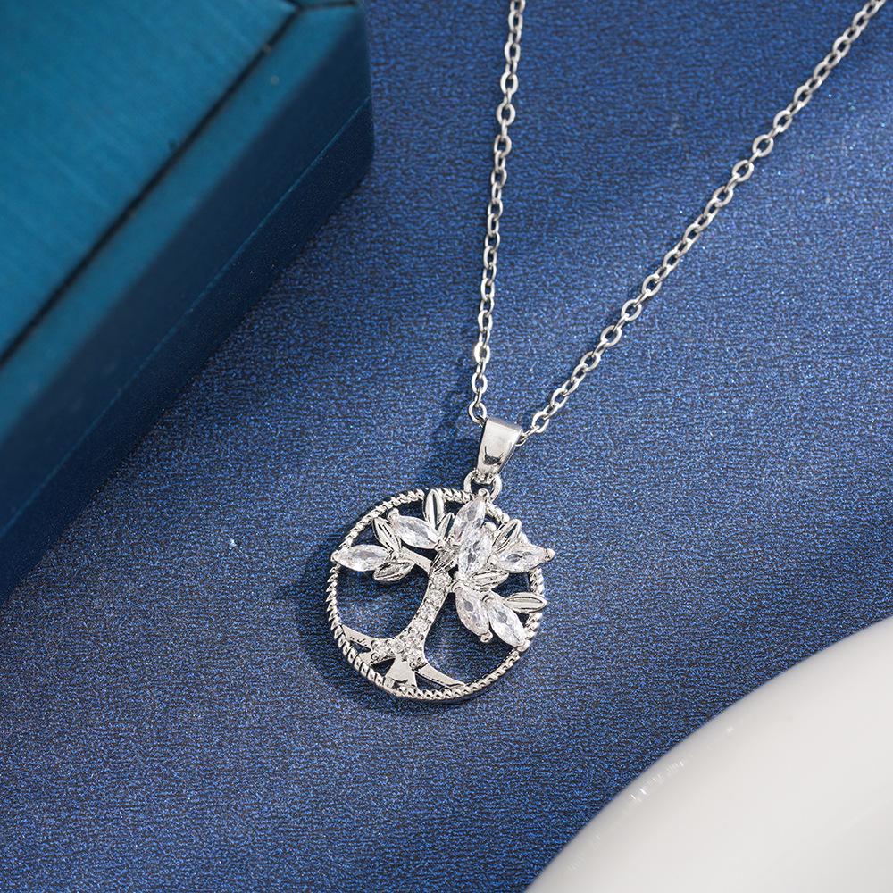 Tree of Life Round Pendant Necklace, Titanium Steel with Full Diamond, Elegant Light Luxury Clavicle Chain for Women