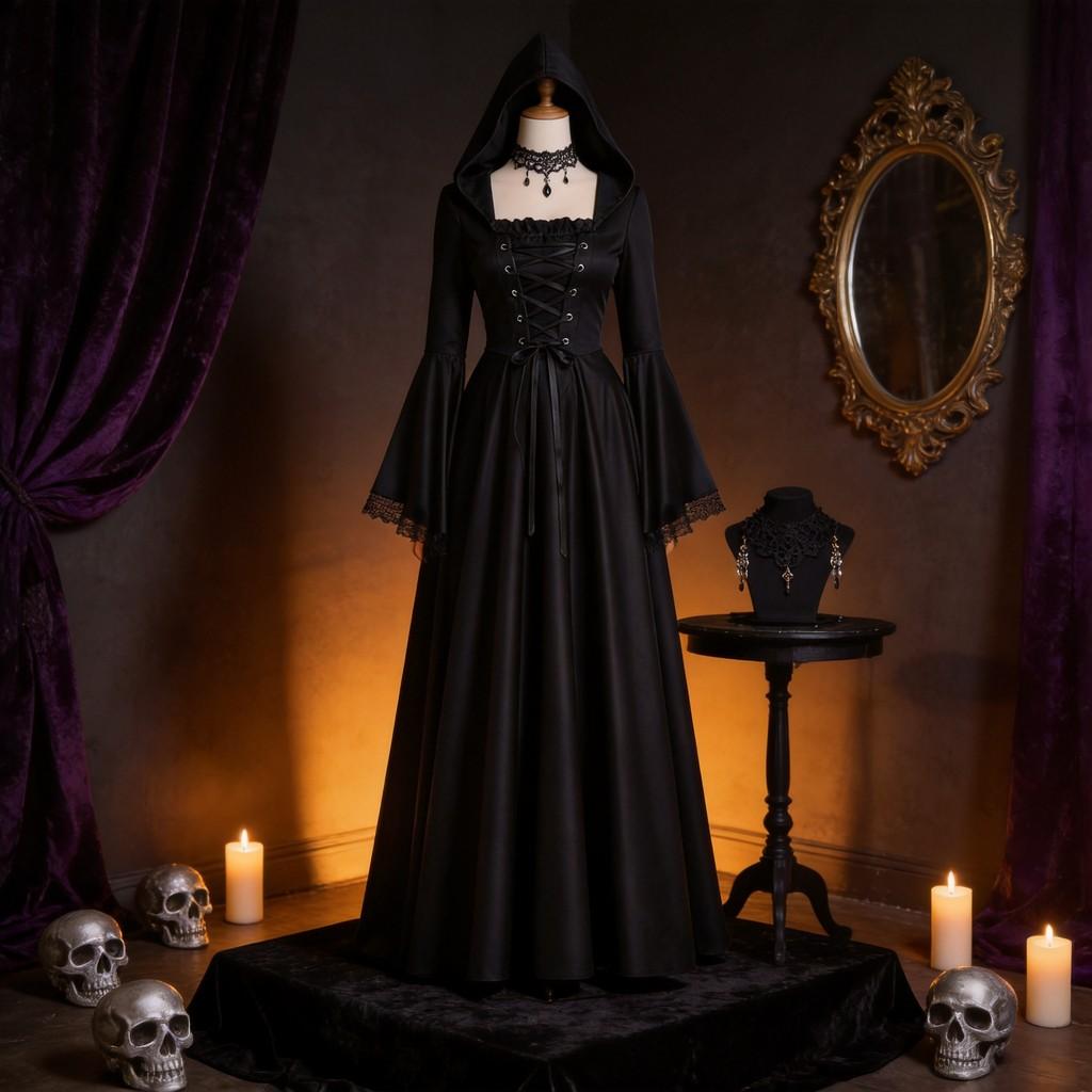 Gothic Witch Dress Cosplay Costume With Long Sleeves Halloween Attire For Adults