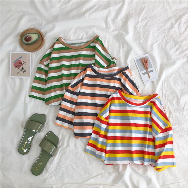 Summer Women's Colorful Stripes Casual Loose Short Sleeve Female T-shirt Y2k Tops Tees Women 90s T-shirts Harajuku Women T Shirt