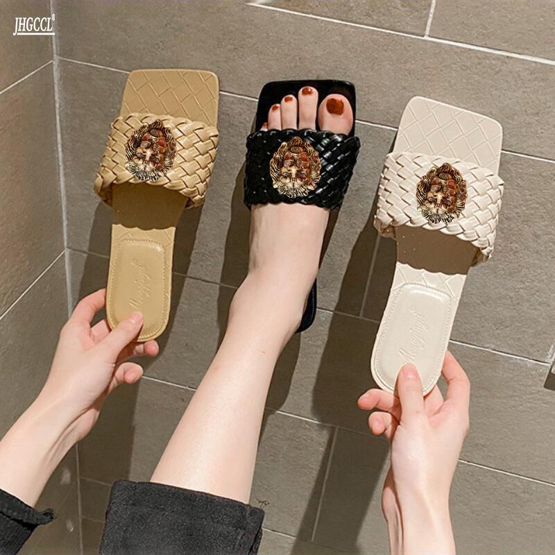 Fashion NEW Designer women's slippers Woven sexy sandals Thick backless women wear large sizes of cowhide T38