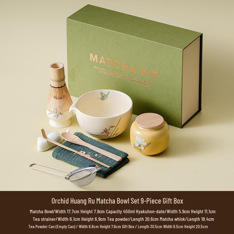 Nine-Piece Japanese Matcha Tea Gift Set: Song Dynasty-Style Ceramic Bowl, Whisk & Cup for Tea Ceremony