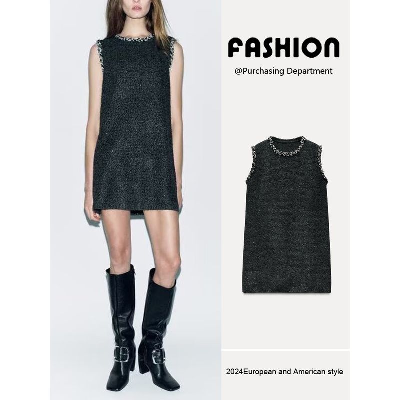 Za2025 Spring New Women's Clothing Fashion Temperament Crew Neck Sleeveless Sequin Streamers Knitting Dress 8146108
