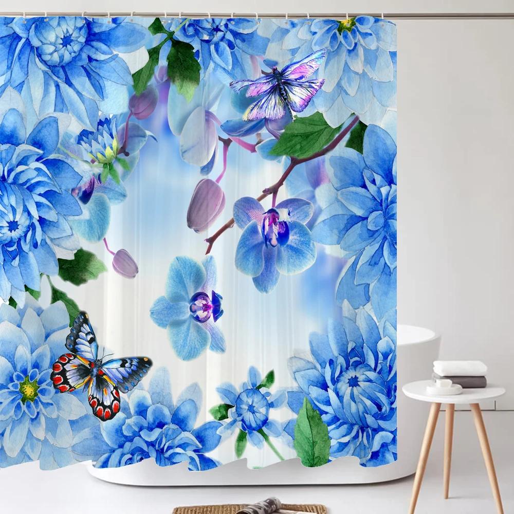 3D Butterfly Flower Printing Bathroom Curtain Polyester Waterproof with Hooks Home Decoration Shower Curtain Bathroom Screen