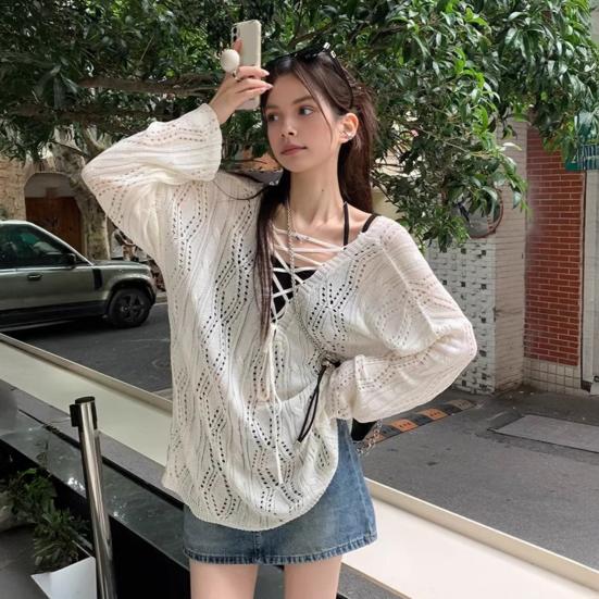 Women Knitting Hollow Design Tops V-Neck Straps Collar Long Sleeve Pullover Tops