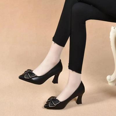  Zapatos De Mujer Women Cute Pointed Toe Bow Tie Black Leather Stiletto Heel Shoes Lady Party Night Club Pumps Ab695