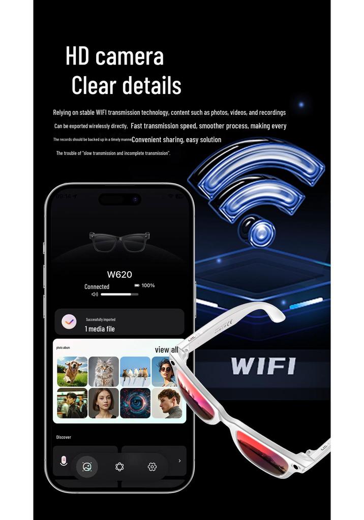 W620 Smart Glasses: AI Voice Assistant, Real-time Translation, Touch Control, Bluetooth Calls, Noise Reduction.