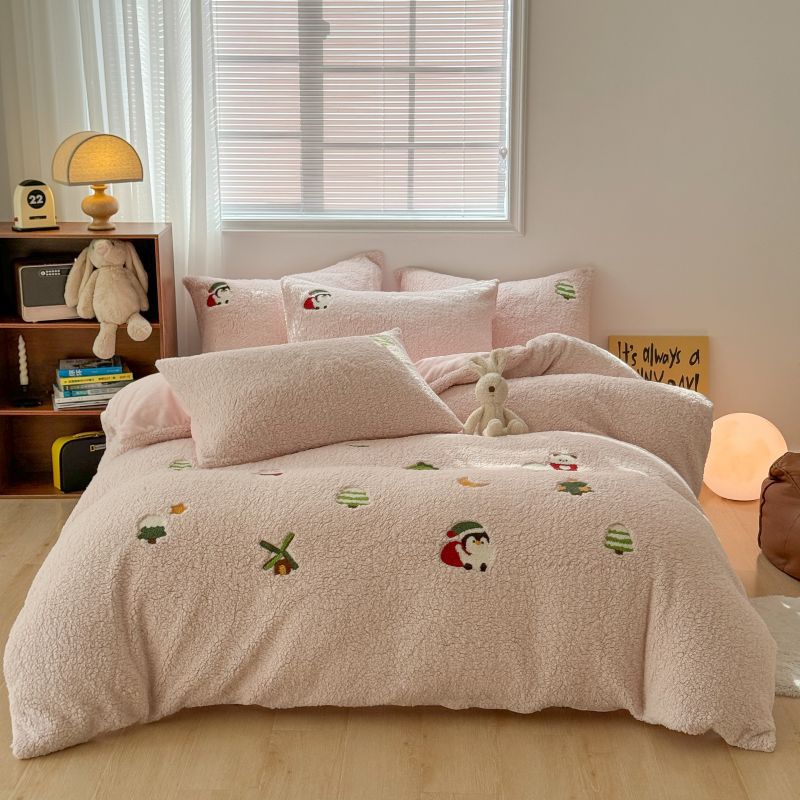 

Thickened quick-warming Class A lamb fleece towel embroidered milk fleece 4pcs set, autumn winter maternal and infant grade double-sided fleece sheet 1.2m bed sheet three-piece set