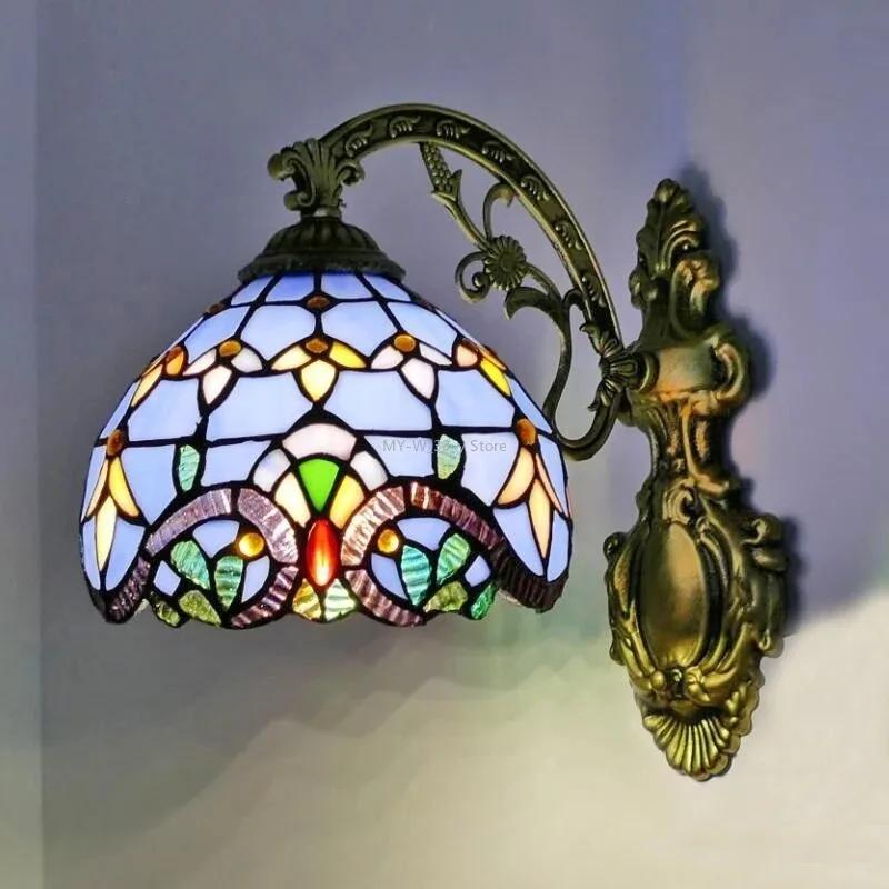 Vintage Baroque Stained Glass Lampshade Stained Glass LED Wall Lamp Wall Light Aisle Corridor Balcony Sconce Lighting  (No Bulb)