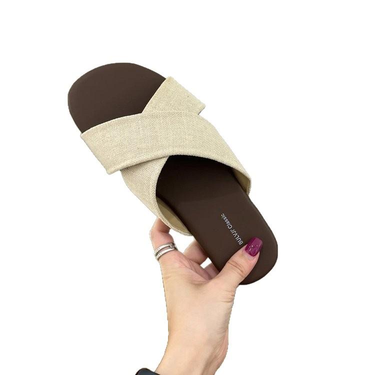 Cross-strapped linen slippers women's outerwear summer new retro casual sandals vacation seaside beach flat sandals