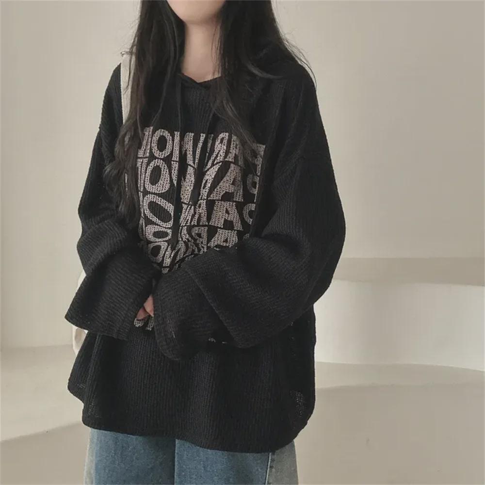 Women's Korean Style Waffle Hoodie - Casual Loose Fit, Autumn/Winter, Plus Velvet