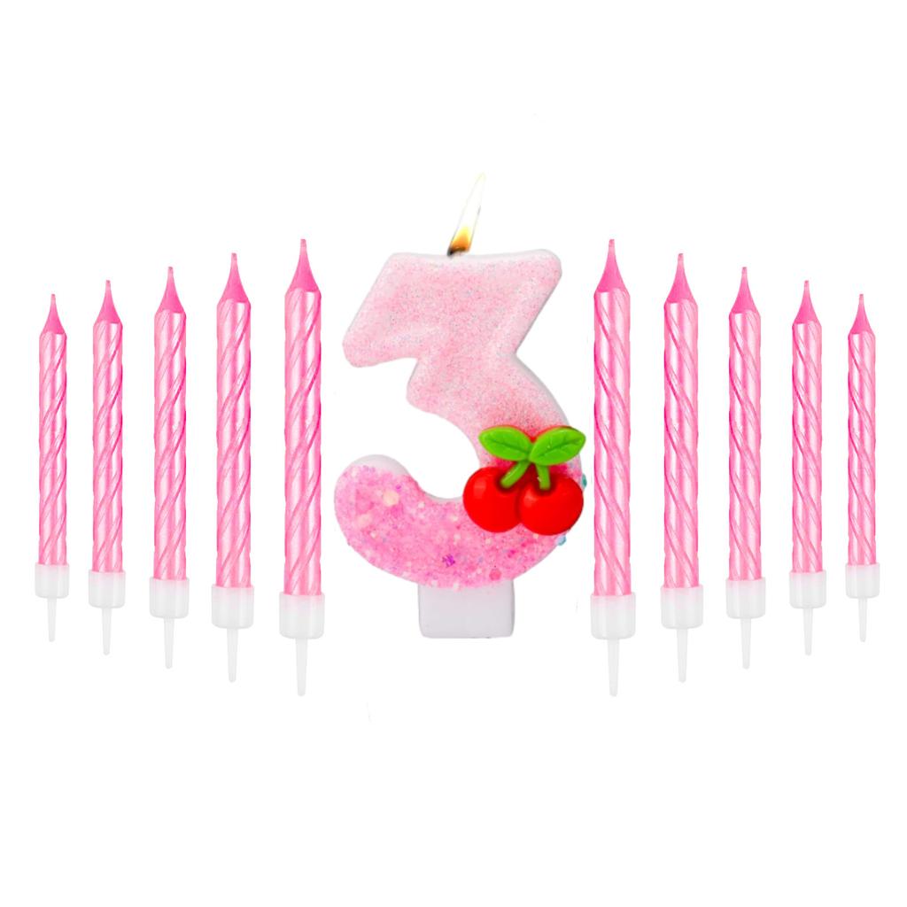 11pcs Cherry Birthday Number 0-9 Candles,Sequins Pink Cupcake Toppers Decorations for Women Girls Birthday Party Supplies Decors