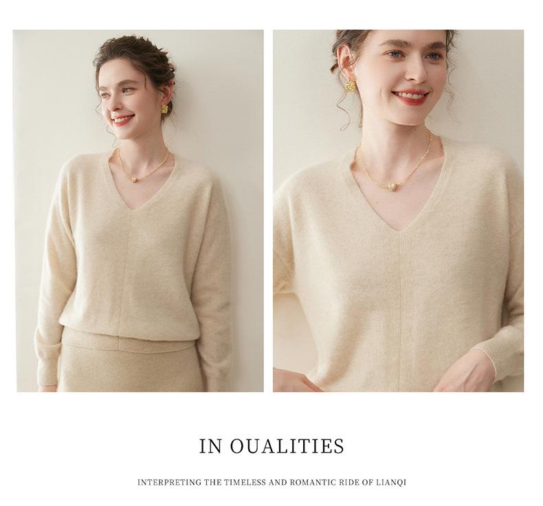 Women's V-Neck Seamless Cashmere Sweater: Brushed Finish, Long Sleeve, Solid Color