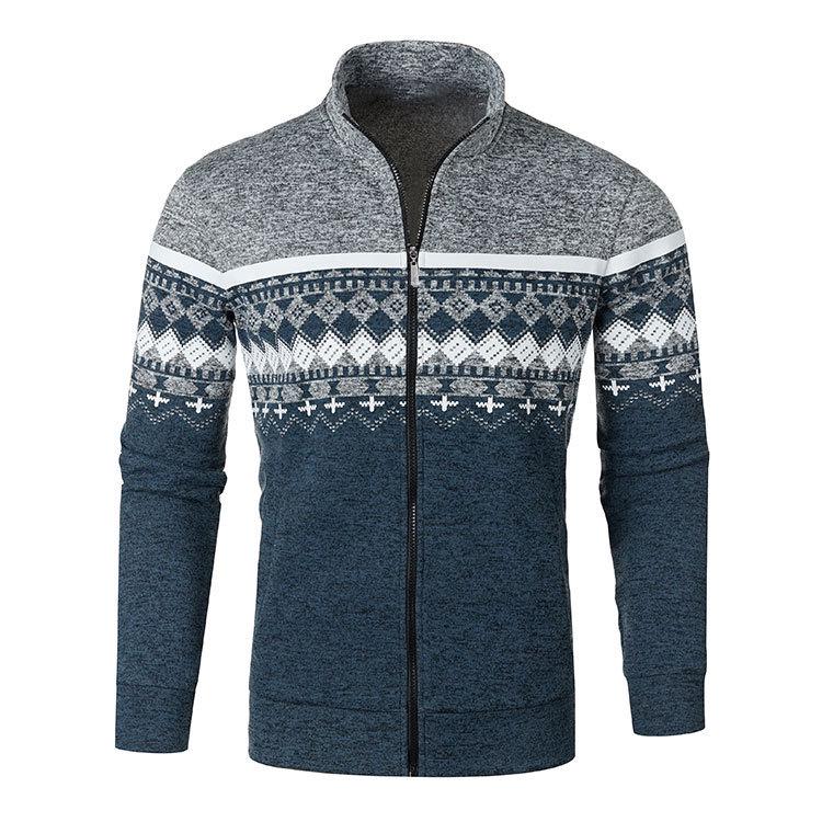 Men's Korean Style Slim-Fit Jacquard Knit Cardigan with Stand Collar