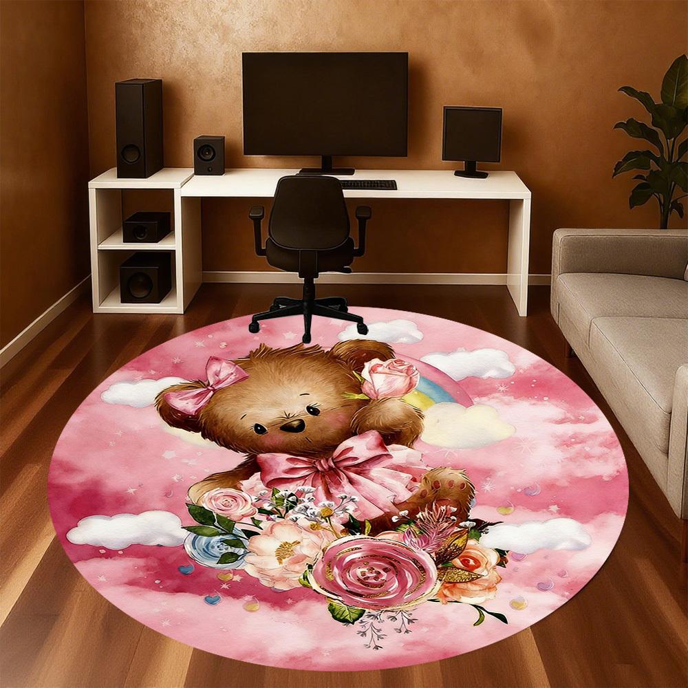 1pc Bear Flowers Round Chair mat office Area Rug - Non-Slip, Floor Mat for Office, Bedroom, and Indoor Decor p127297