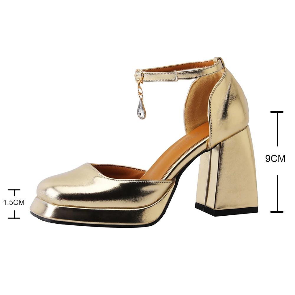Fashion 2025 New Gold Silver Women Platform Pumps Thick Heels Mary Jane Shoes Woman Square Toe High Heeled Shoes Ladies Mirror Pumps