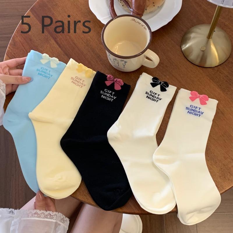 5 Pairs of Female Autumn Thin Stereotaxic Bow Boneless Thin White Pile Pile Cotton Socks