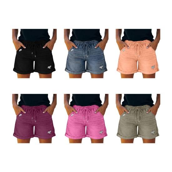 Jean Shorts for Women High Rise Roll Up Hem Straight Leg Distressed Denim Shorts Elastic Waist Drawstring Summer Ripped Hot Shorts with Pockets