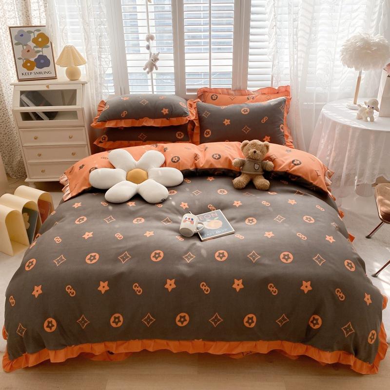 Korean Style Bed Skirt Four-piece Set Pure Cotton Edge Bed Sheet Thickened Plant Cashmere Brushed Skin-friendly Bedding