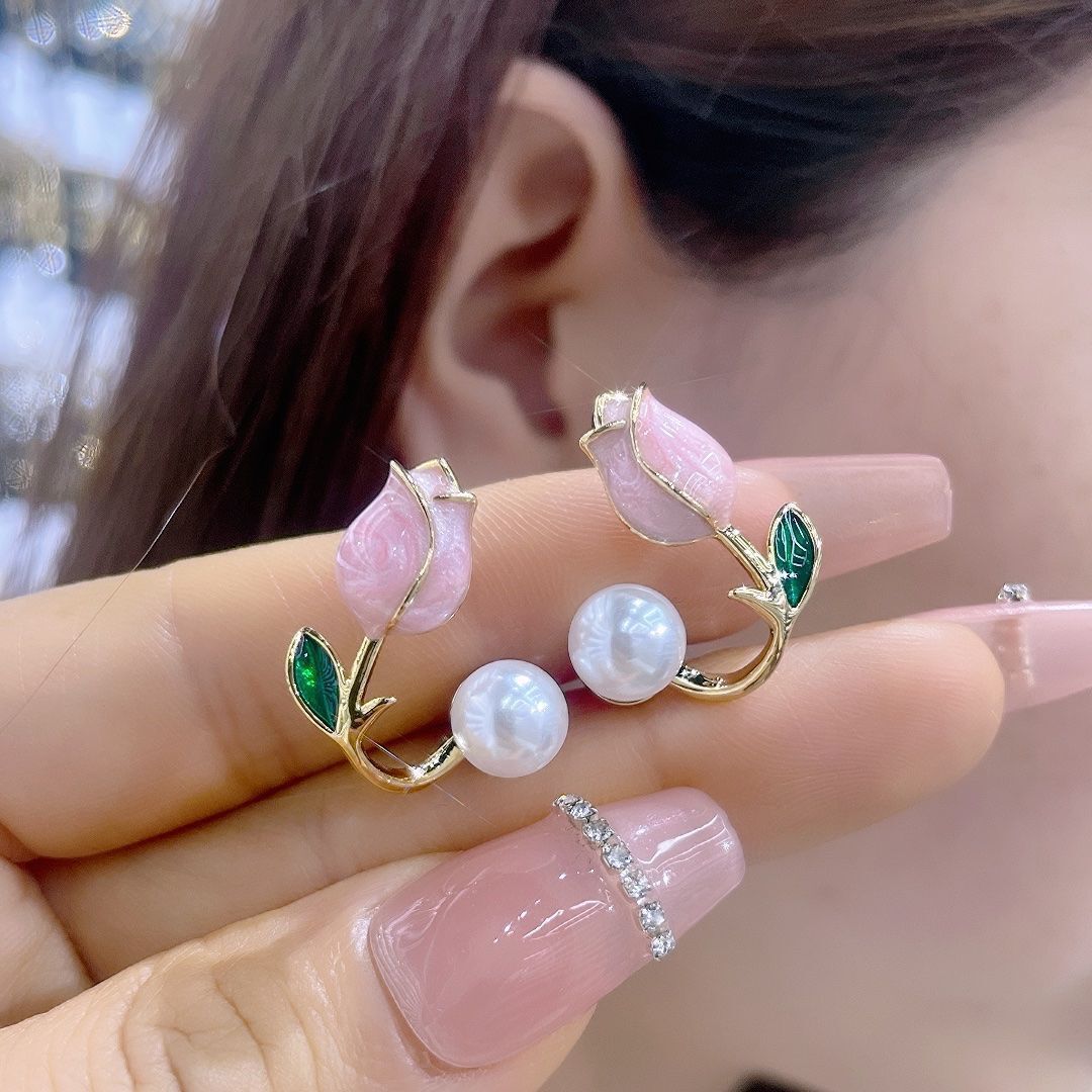 

Imitation Pearl Pink Purple Rose Tulip Curved Back Hang Post Stud Earrings Two in One Geometric Metal Brincos Zircon Girl Gift