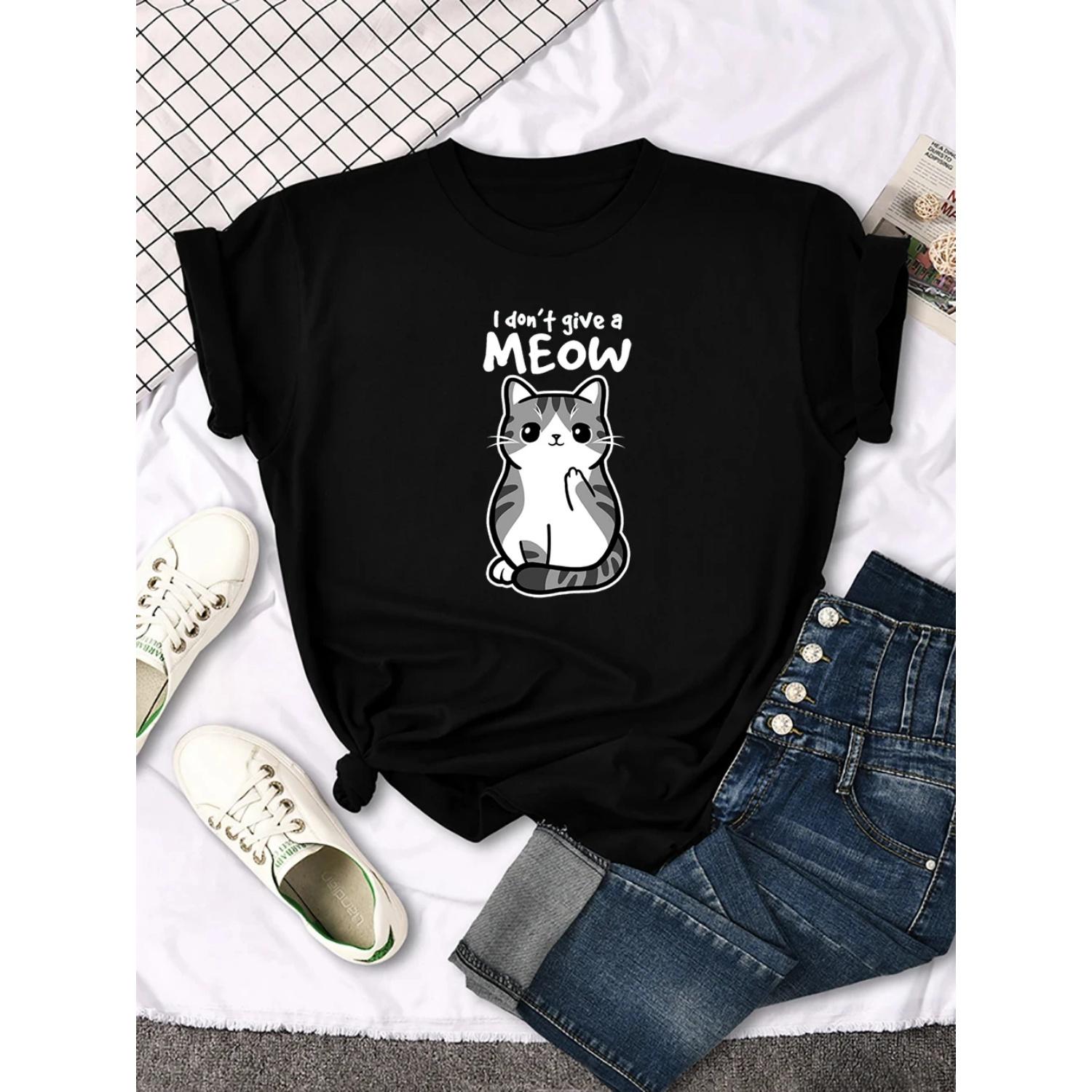 

Cute Cat Print Women s T-shirt Street Breathable New Short-sleeved Casual Fashion T-shirt Summer Cool and Comfortable Clothing S чёрный