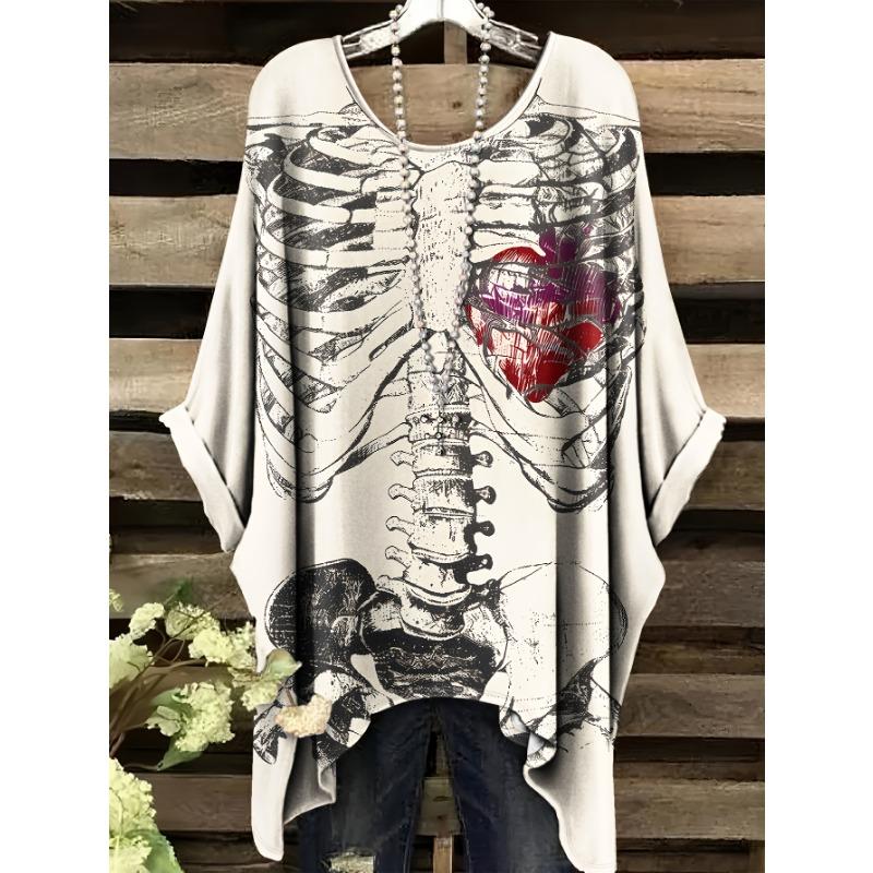 Punk style skull rib heart graphic print large size T-shirt S