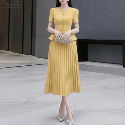 Women Short Sleeve Blouse and Pleated Skirts Casual Two Piece Suit Sets