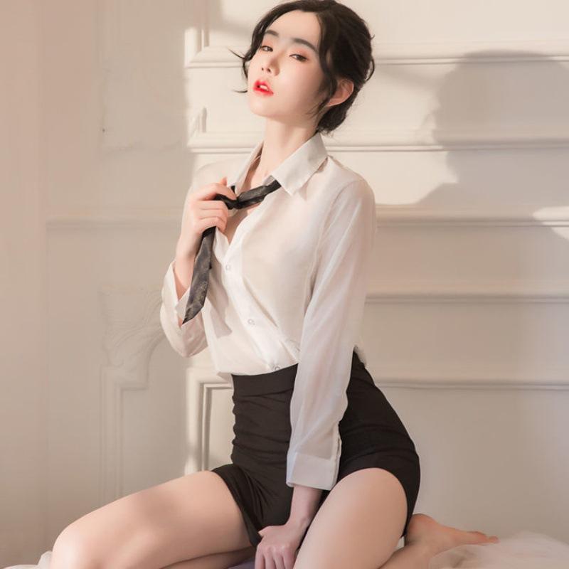 Smoke sexy lingerie sexy white shirt hip wrap tight secretary uniform perspective seduction passion pajamas teacher female
