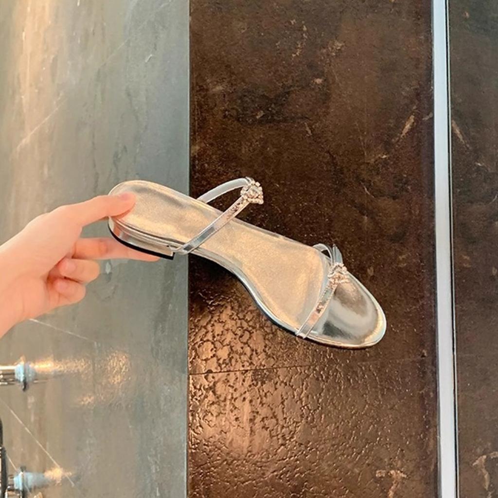 Sheepskin version~ French rhinestone love buckle flat-soled sandals for women's summer versatile round head with thick heels and cool slippers