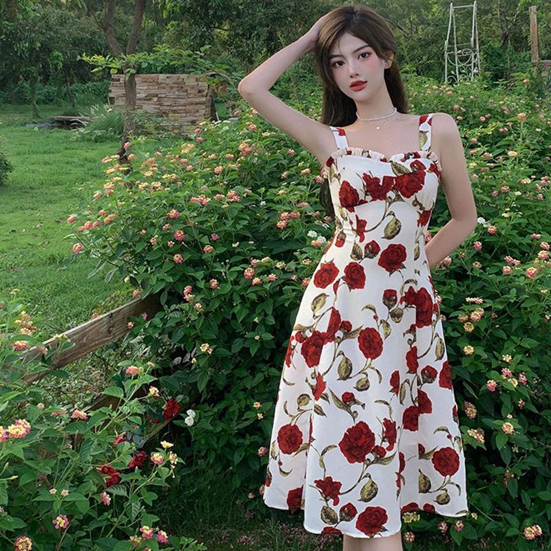 Floral Dress For  Lady  Long Sleeve Sweetfrench Vintage Midi Dress  Evening Party Retro Elegant One Piece Dress