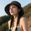 Women Hat Fisherman Style Solid Color Basin Hat with Reflective Stripe Lace-Up Dome Design Bucket Hat