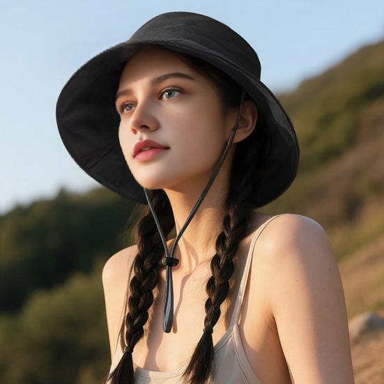 Women Hat Fisherman Style Solid Color Basin Hat with Reflective Stripe Lace-Up Dome Design Bucket Hat