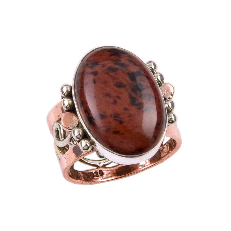 Natural Mahogany Obsidian Gemstone 925 Sterling Silver Two Tone Ring Size 6 K7k38