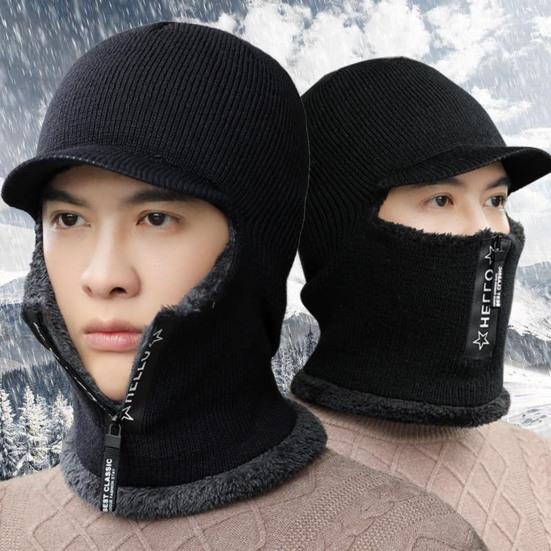 Thermal Hat Zipper Opening Fleece Lining Knitting 2 In 1 Solid Color Men Neck Guard Cap Hat for Sport