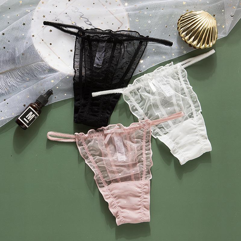 Lace Hollow Transparent Thong Panties Sexy and Erotic Solid Color Seamless Low Waisted Women's Panties