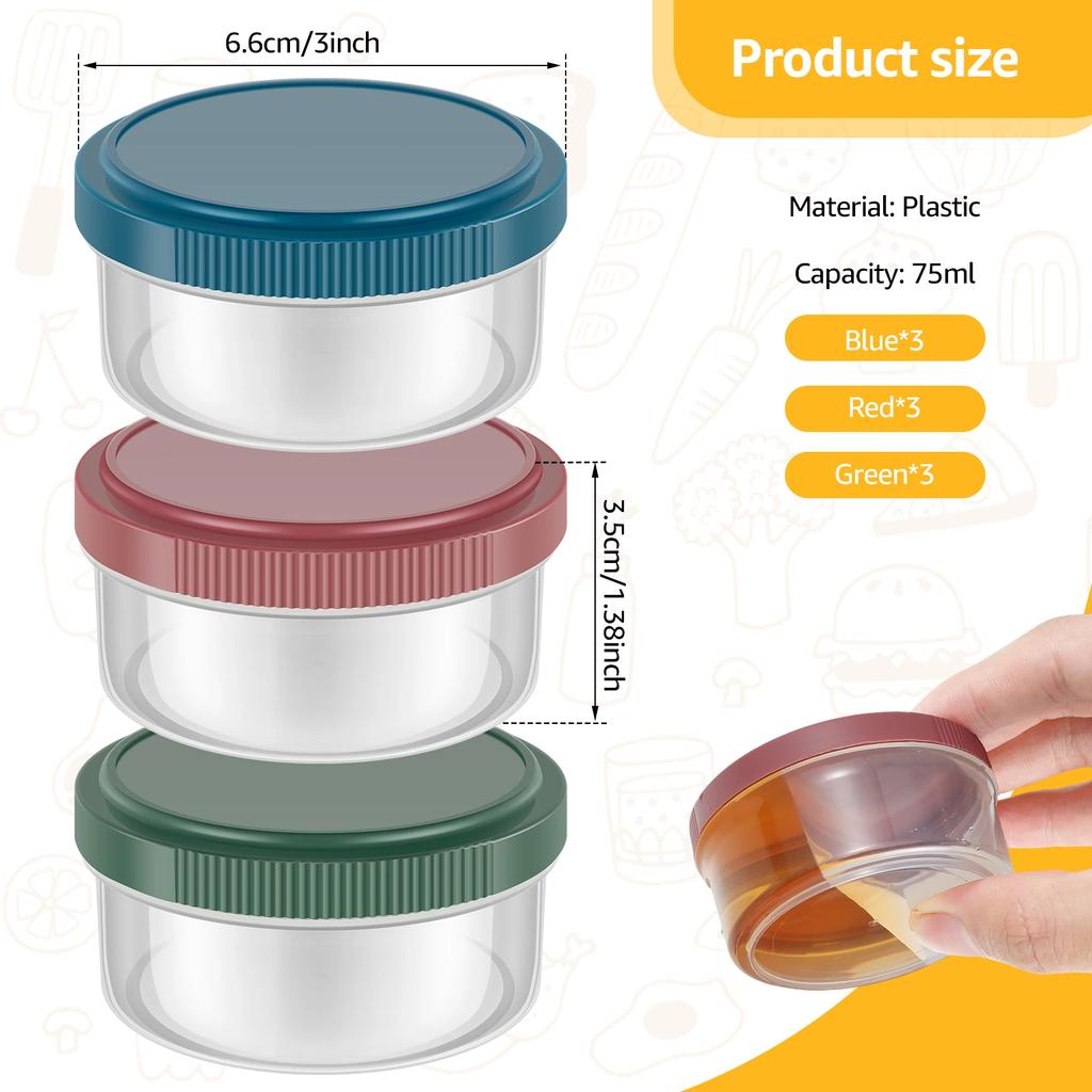 9PCS Salad Dressing Container with Leakproof Lids 50/75ml Reusable Sauce Container For Lunch Box and Picnic Dips Salad Spices