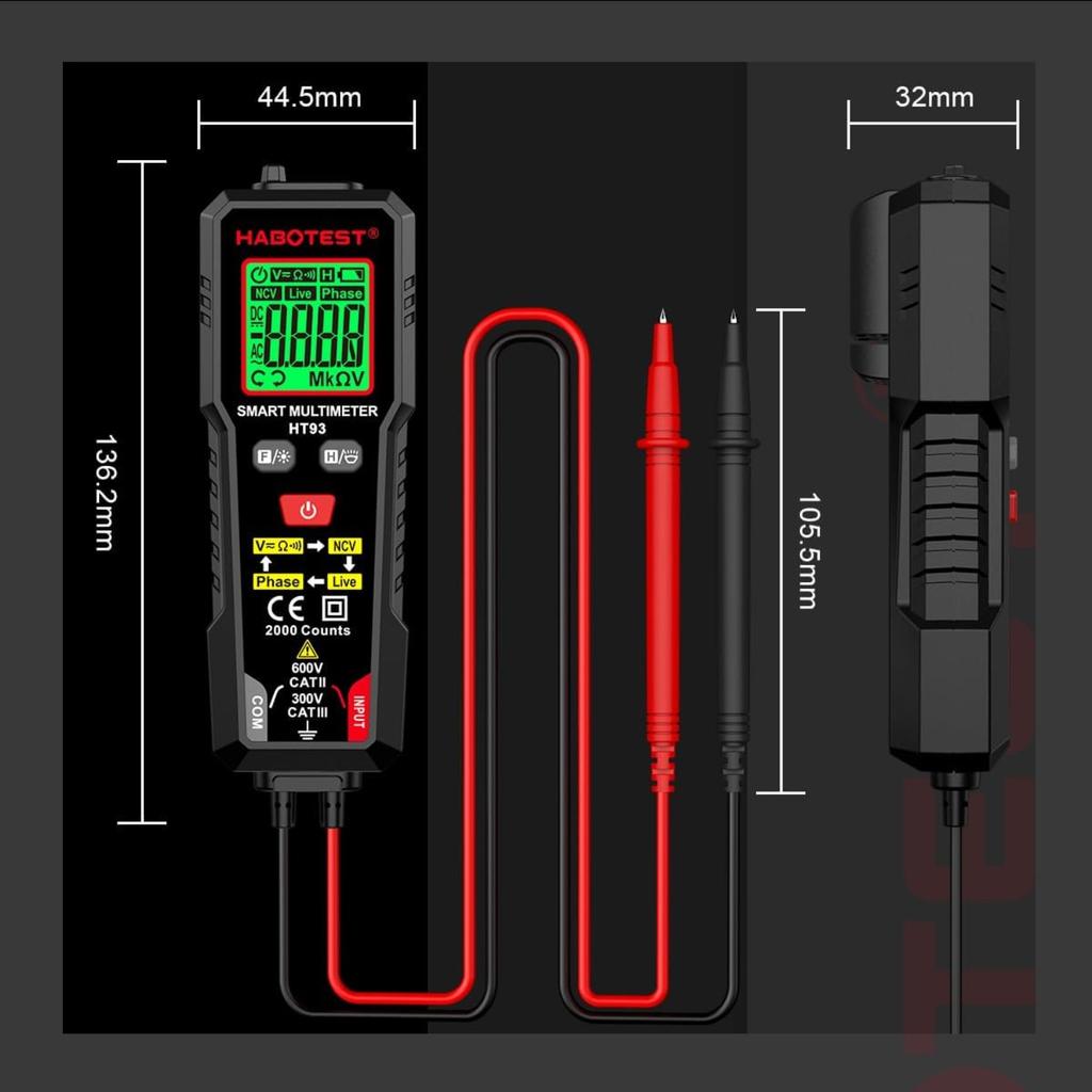 Weytoll HT93 Digital Multimeter Voltage Tester 2000 Counts Volt Meter Ohmmeter Auto-Ranging Accurately Measures AC/DC Voltage Resistance with