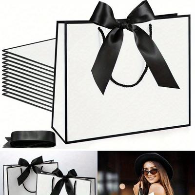 Landscape-Style Kraft Paper Gift Bags, Shopping Bags, Packaging Bags with Handles, Bow-Decorated Handbags, Trick or Treat, Halloween, White