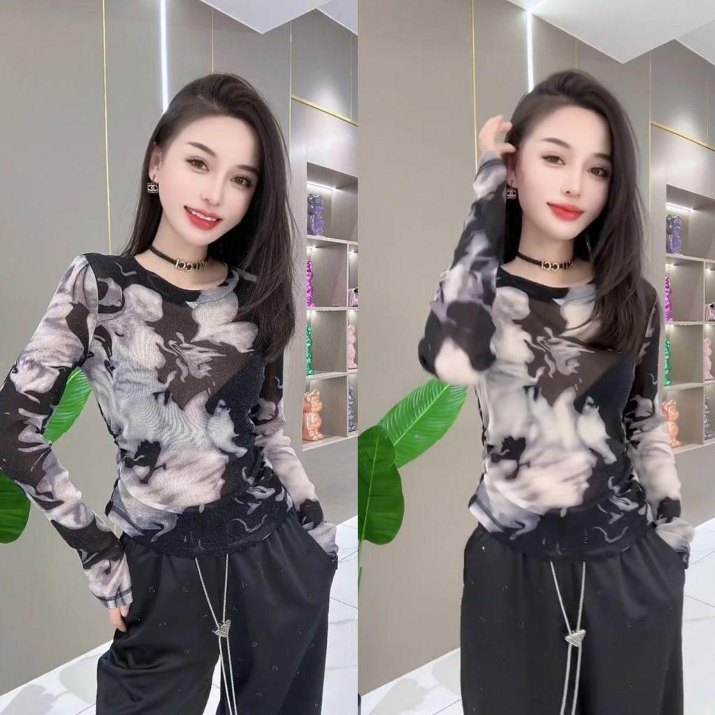 European Mesh Ink Print Slim Long-Sleeve Women's Shirt - Retro, Versatile, Fashionable, for Spring & Autumn