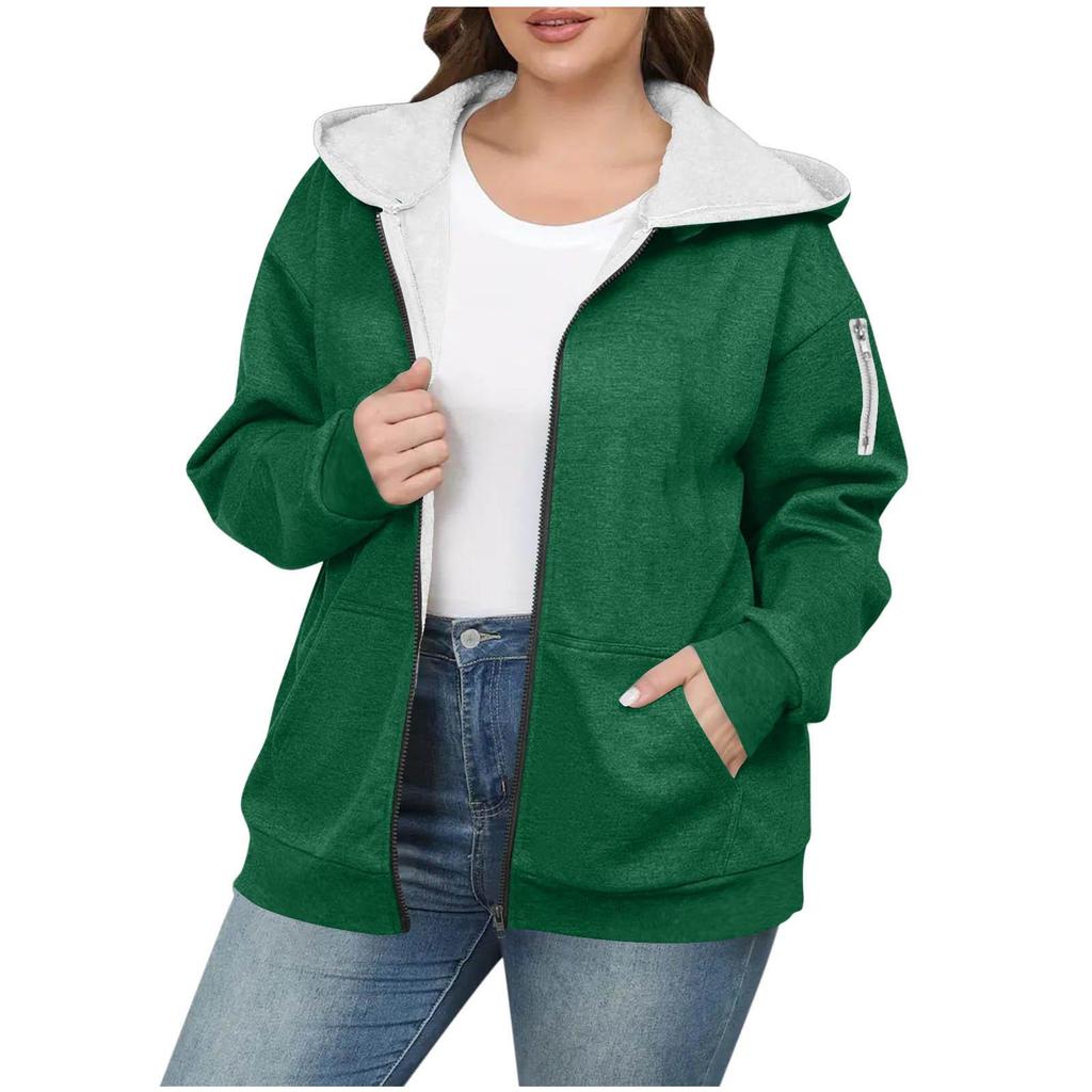 Women's Retro Color Block Fleece-Lined Hooded Cardigan - Slimming, Casual, Loose Fit, Perfect for Autumn/Winter Warmth.