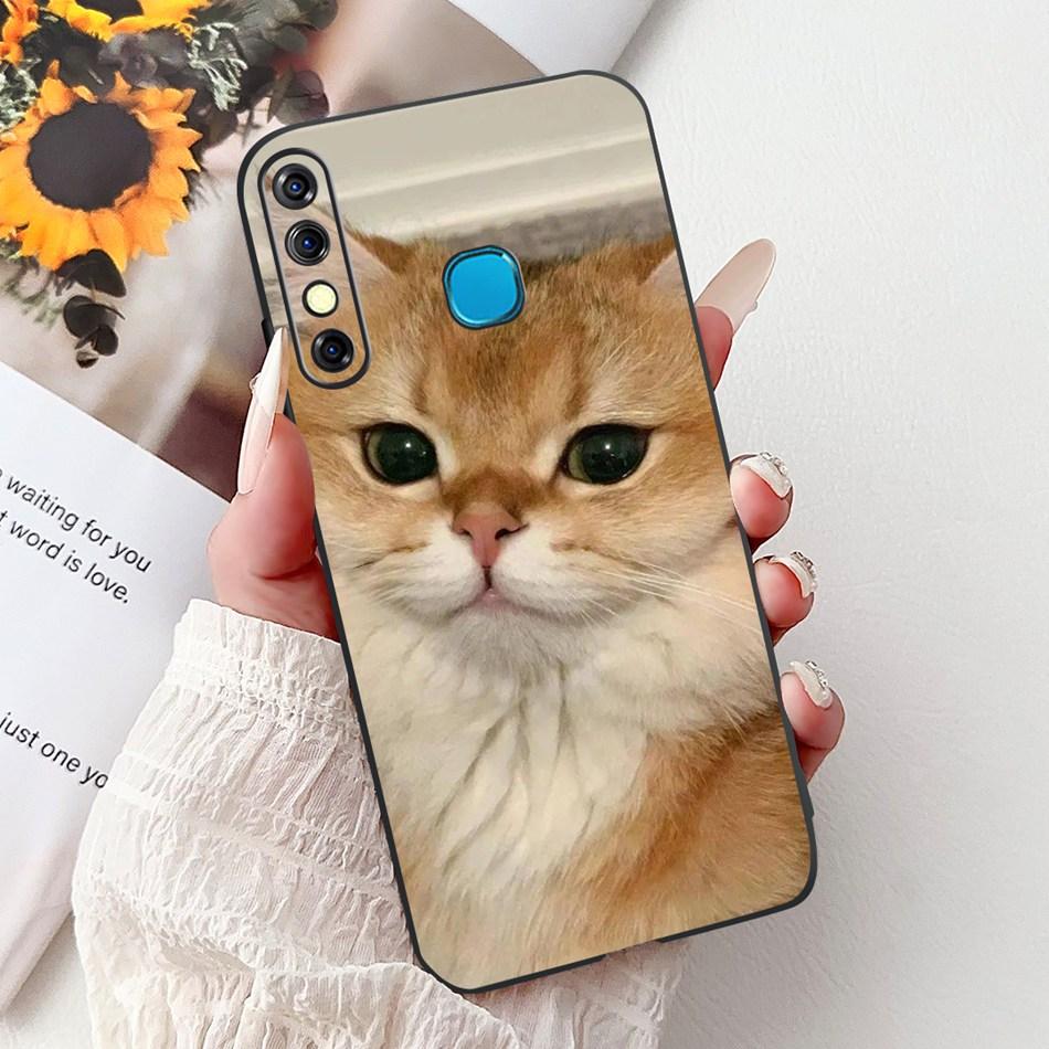 For Infinix Hot 8 Phone Case Hot 8 Lite Hot8 X650 X650C X650B X650D Elegant Floral Cat Pattern Black Silicone Soft TPU Cases