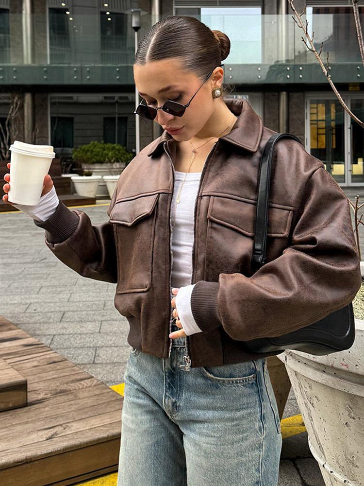 Women's 2025 Autumn Stylish Faux Leather Pilot Jacket with Large Pocket Detail