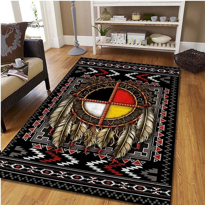 1pc Native American Medicine Wheel Feather Area Rug Southwestern Southwestern Native Inspired Decorative Non-Slip Floor Mat